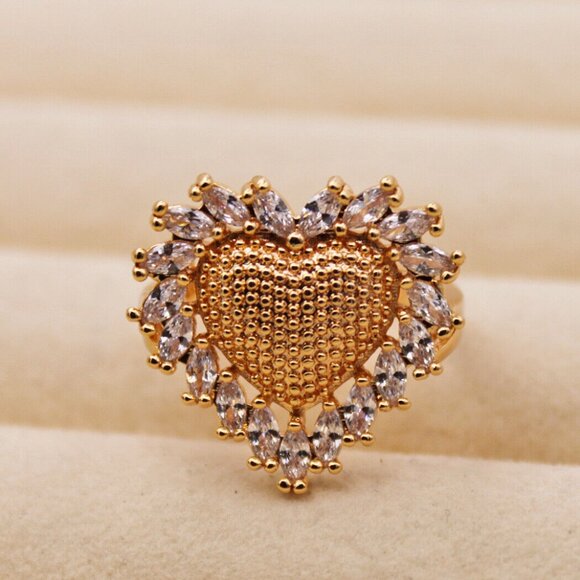 18K Yellow Gold Filled Boho Heart White Diamond Zircon Ring Gorgeous Party Gift - Picture 9 of 10